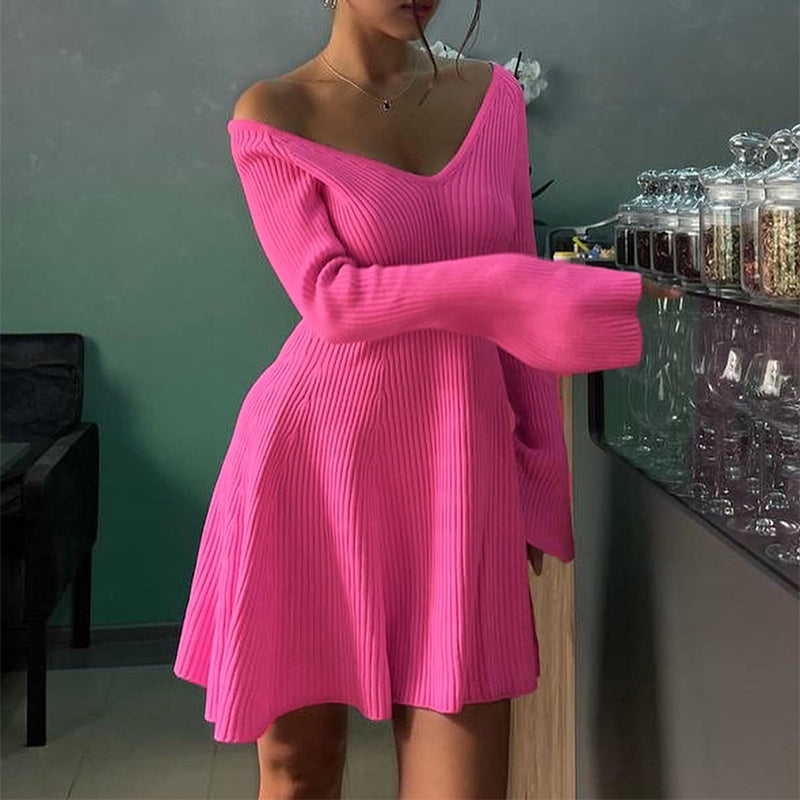 MILHEIR V-Neck Long Sleeve Knitted Dress