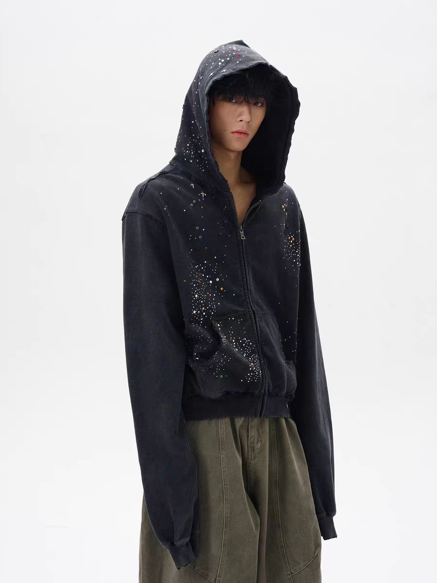 MILHEIR Retro Rhinestone Zipper Hoodie Coat