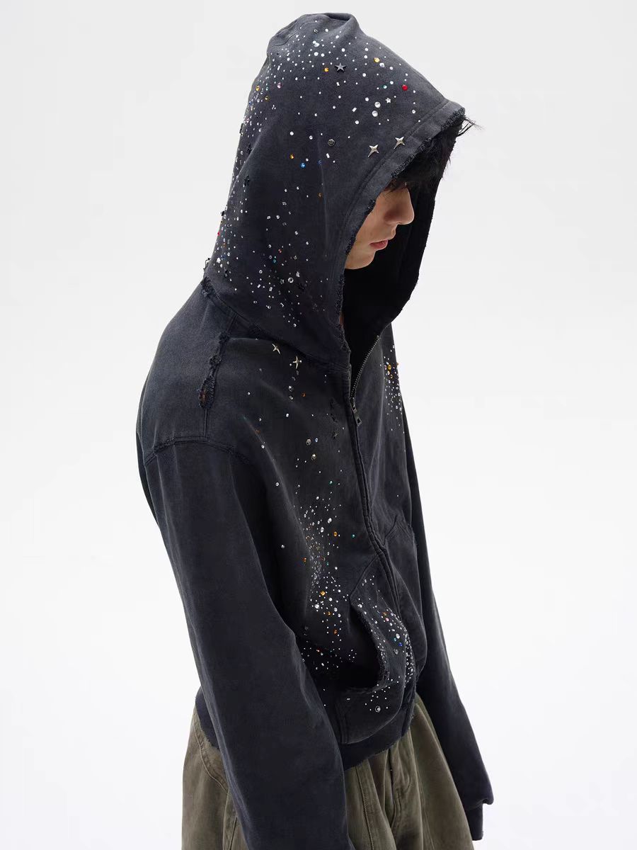 MILHEIR Retro Rhinestone Zipper Hoodie Coat