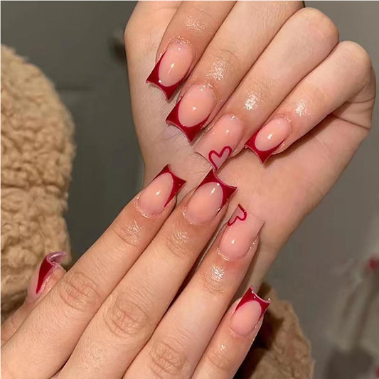 MILHEIR 24 PCS Press On Nails,Square Wine Red Heart Fake Acrylic Nails,
