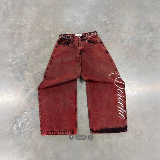 Y2K Letter-embroidered Rivet Belt Washed Vintage Jeans, Milheir