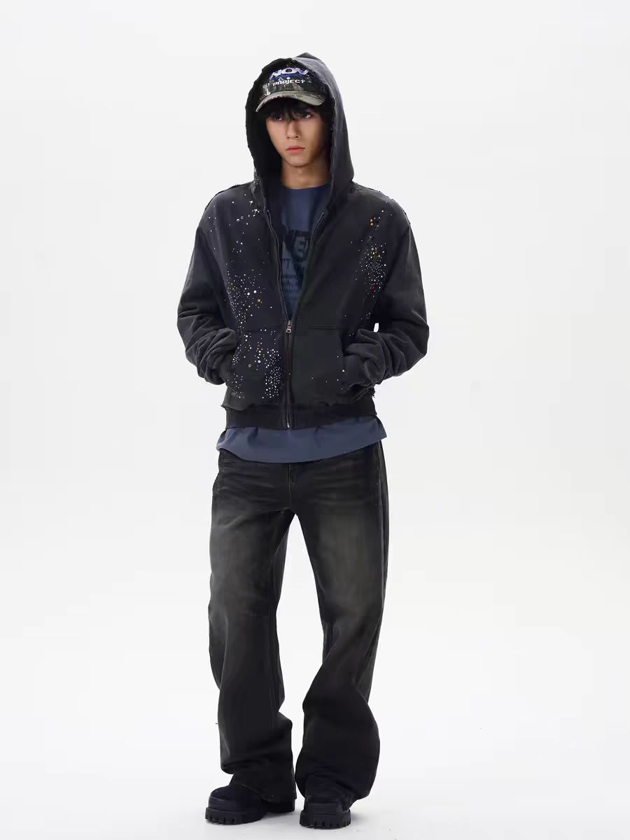 MILHEIR Retro Rhinestone Zipper Hoodie Coat