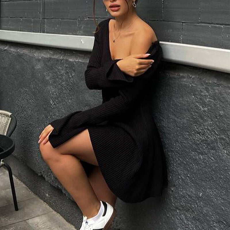 MILHEIR V-Neck Long Sleeve Knitted Dress