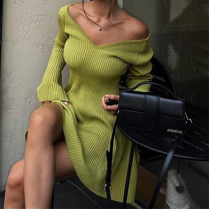 MILHEIR V-Neck Long Sleeve Knitted Dress