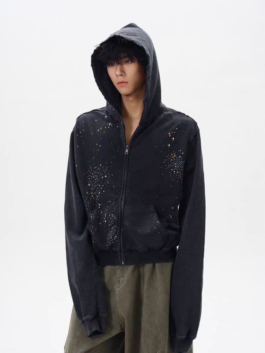MILHEIR Retro Rhinestone Zipper Hoodie Coat