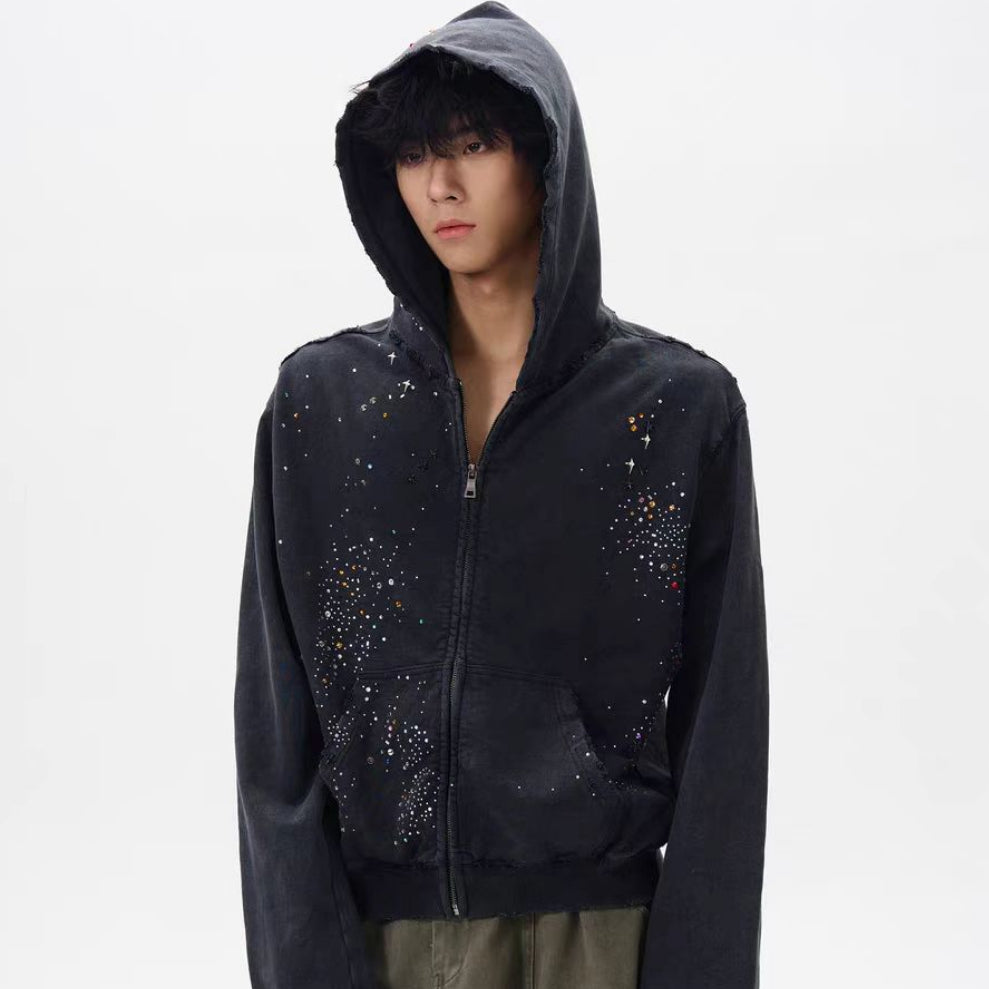 MILHEIR Retro Rhinestone Zipper Hoodie Coat
